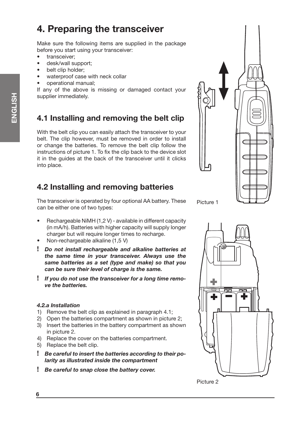 Preparing the transceiver, 1 installing and removing the belt clip, 2 installing and removing batteries | MIDLAND Atlantic XT User Manual | Page 22 / 110