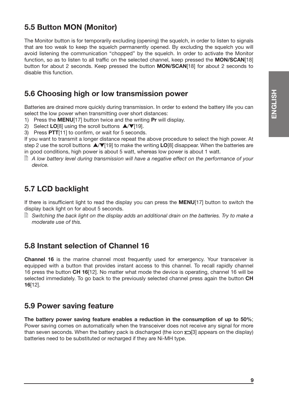 5 button mon (monitor), 6 choosing high or low transmission power, 7 lcd backlight | 8 instant selection of channel 16, 9 power saving feature | MIDLAND Atlantic XT User Manual | Page 25 / 110