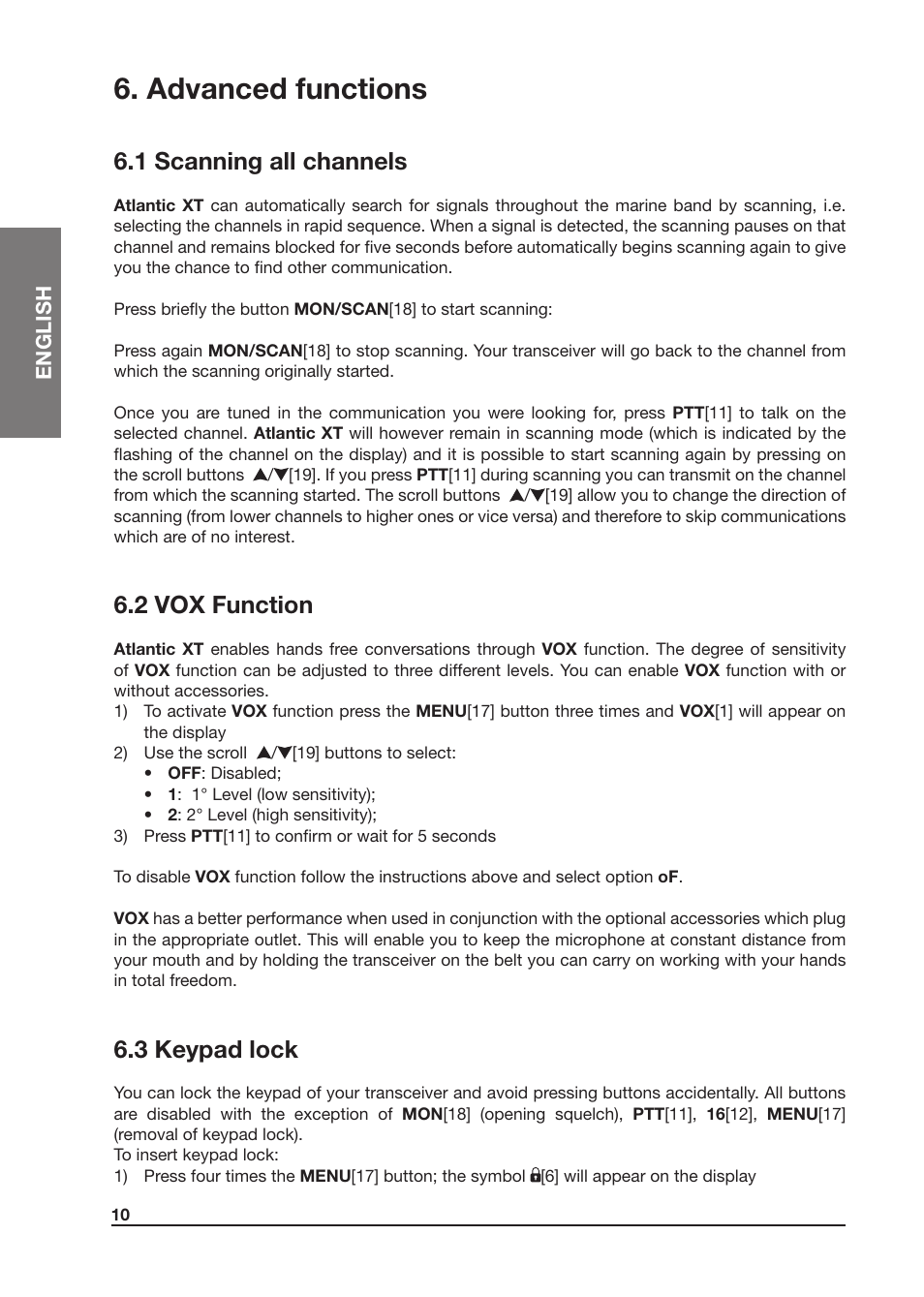 Advanced functions, 1 scanning all channels, 2 vox function | 3 keypad lock | MIDLAND Atlantic XT User Manual | Page 26 / 110