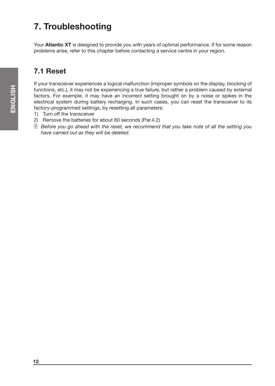 Troubleshooting, 1 reset | MIDLAND Atlantic XT User Manual | Page 28 / 110