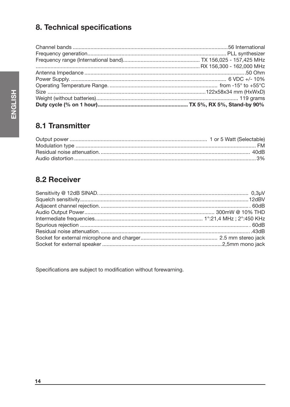 Technical specifications, 1 transmitter, 2 receiver | MIDLAND Atlantic XT User Manual | Page 30 / 110
