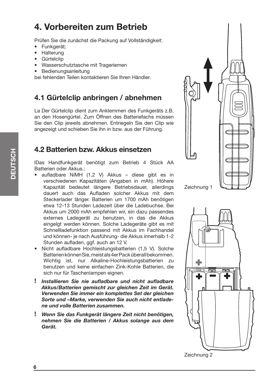 Vorbereiten zum betrieb, 1 gürtelclip anbringen / abnehmen, 2 batterien bzw. akkus einsetzen | MIDLAND Atlantic XT User Manual | Page 36 / 110