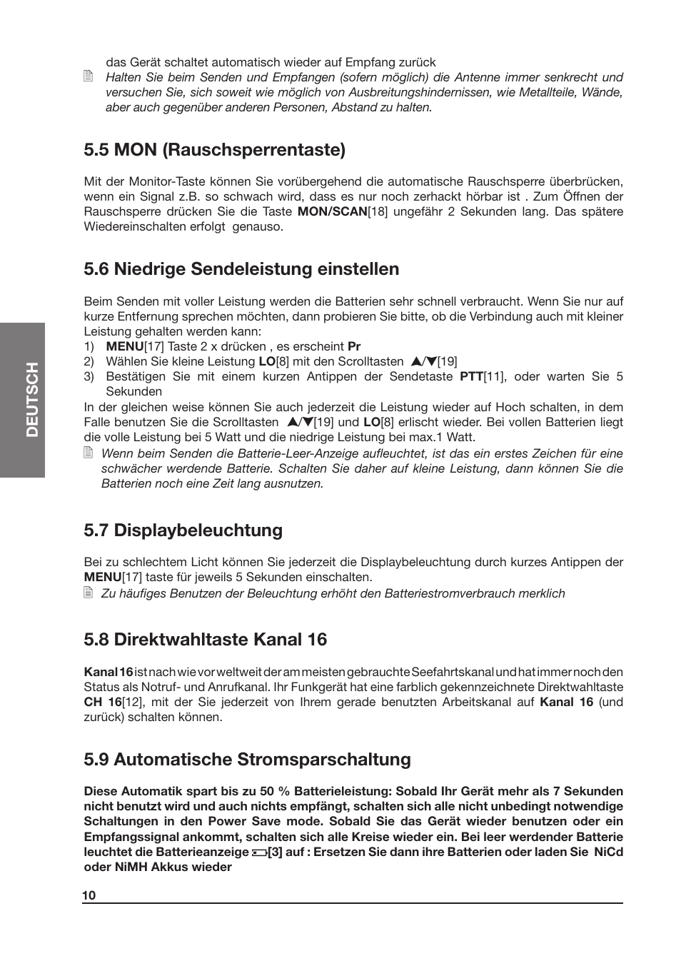 5 mon (rauschsperrentaste), 6 niedrige sendeleistung einstellen, 7 displaybeleuchtung | 8 direktwahltaste kanal 16, 9 automatische stromsparschaltung | MIDLAND Atlantic XT User Manual | Page 40 / 110