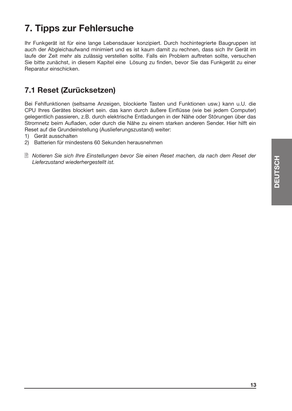 Tipps zur fehlersuche, 1 reset (zurücksetzen) | MIDLAND Atlantic XT User Manual | Page 43 / 110