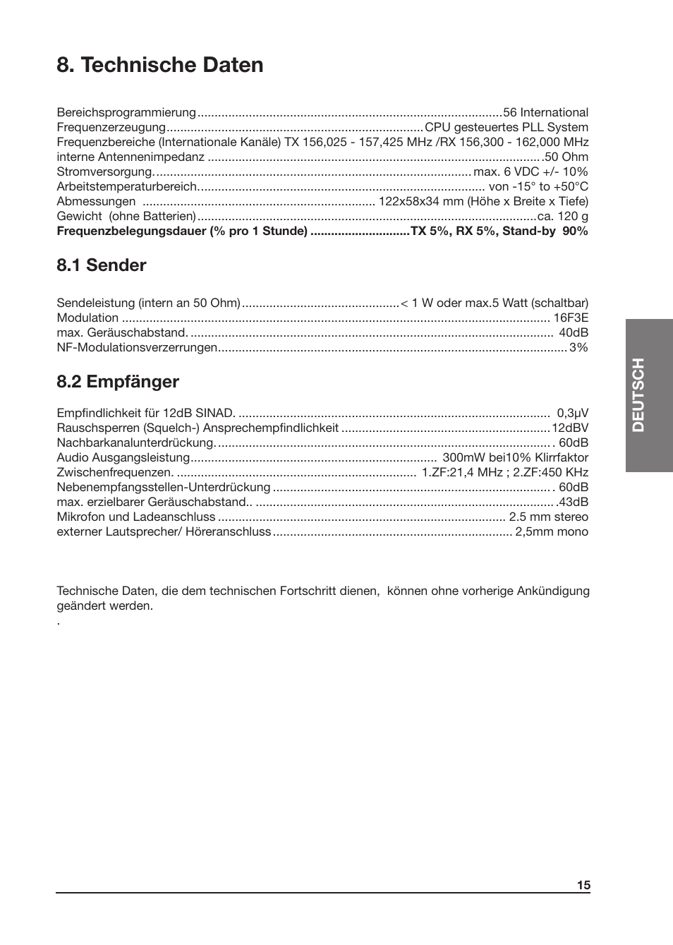 Technische daten, 1 sender, 2 empfänger | MIDLAND Atlantic XT User Manual | Page 45 / 110