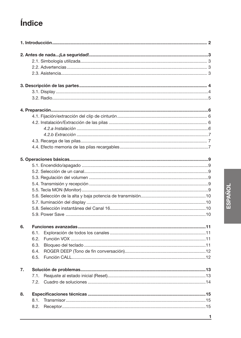 Índice, Esp añol | MIDLAND Atlantic XT User Manual | Page 47 / 110