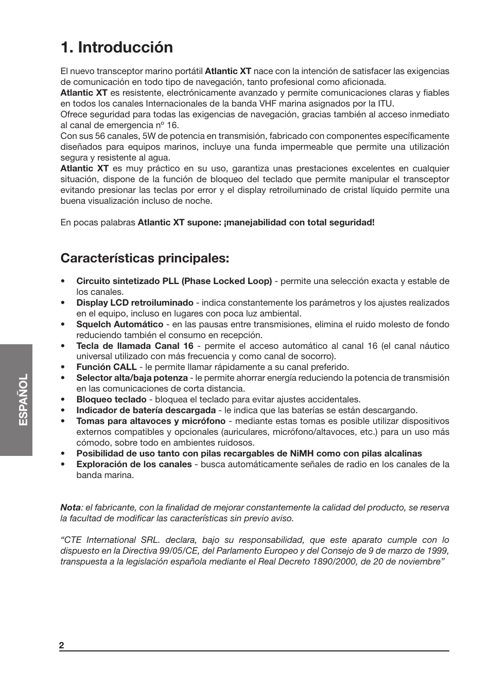 Introducción, Características principales | MIDLAND Atlantic XT User Manual | Page 48 / 110