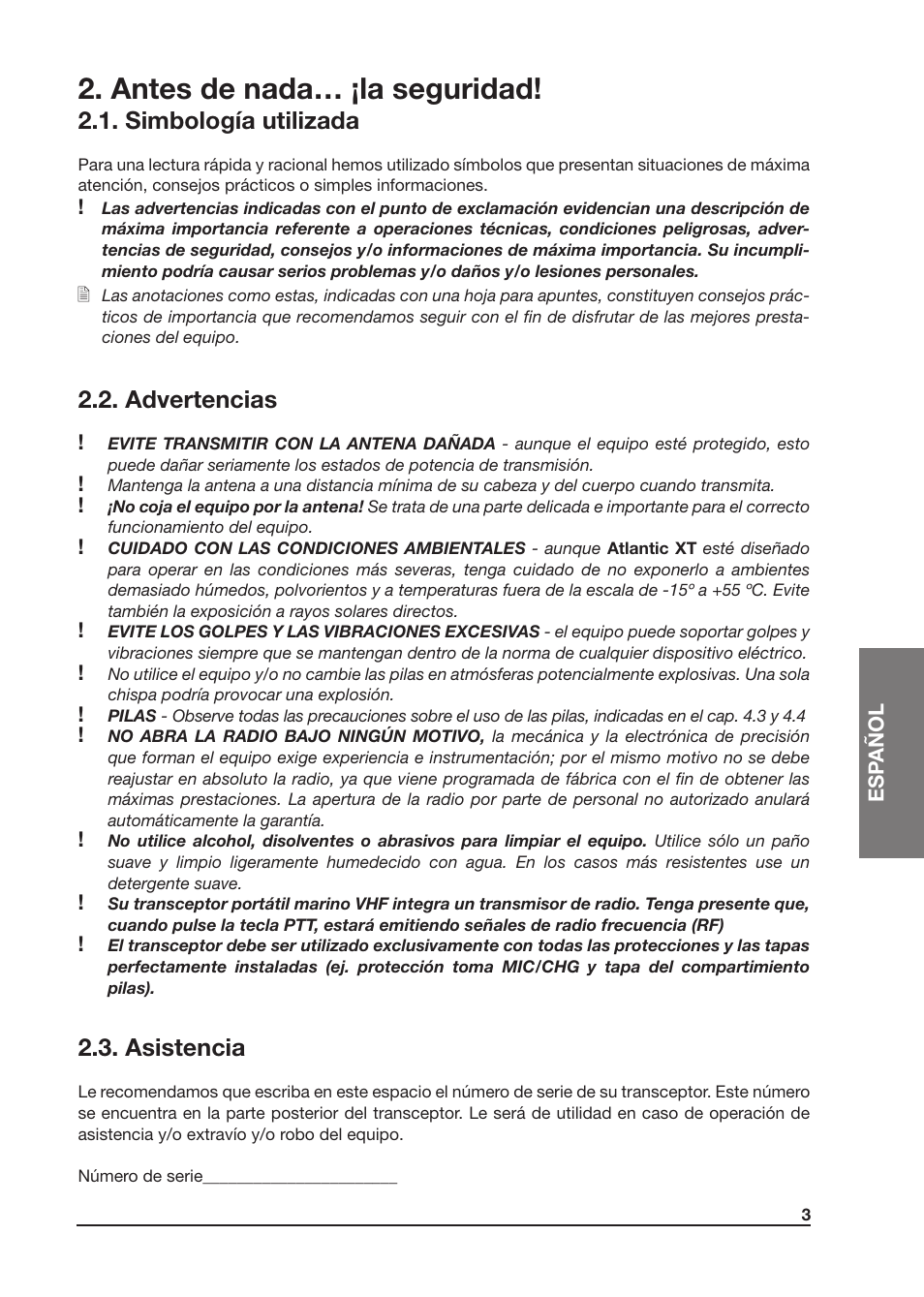 Antes de nada… ¡la seguridad, Simbología utilizada, Advertencias | Asistencia | MIDLAND Atlantic XT User Manual | Page 49 / 110