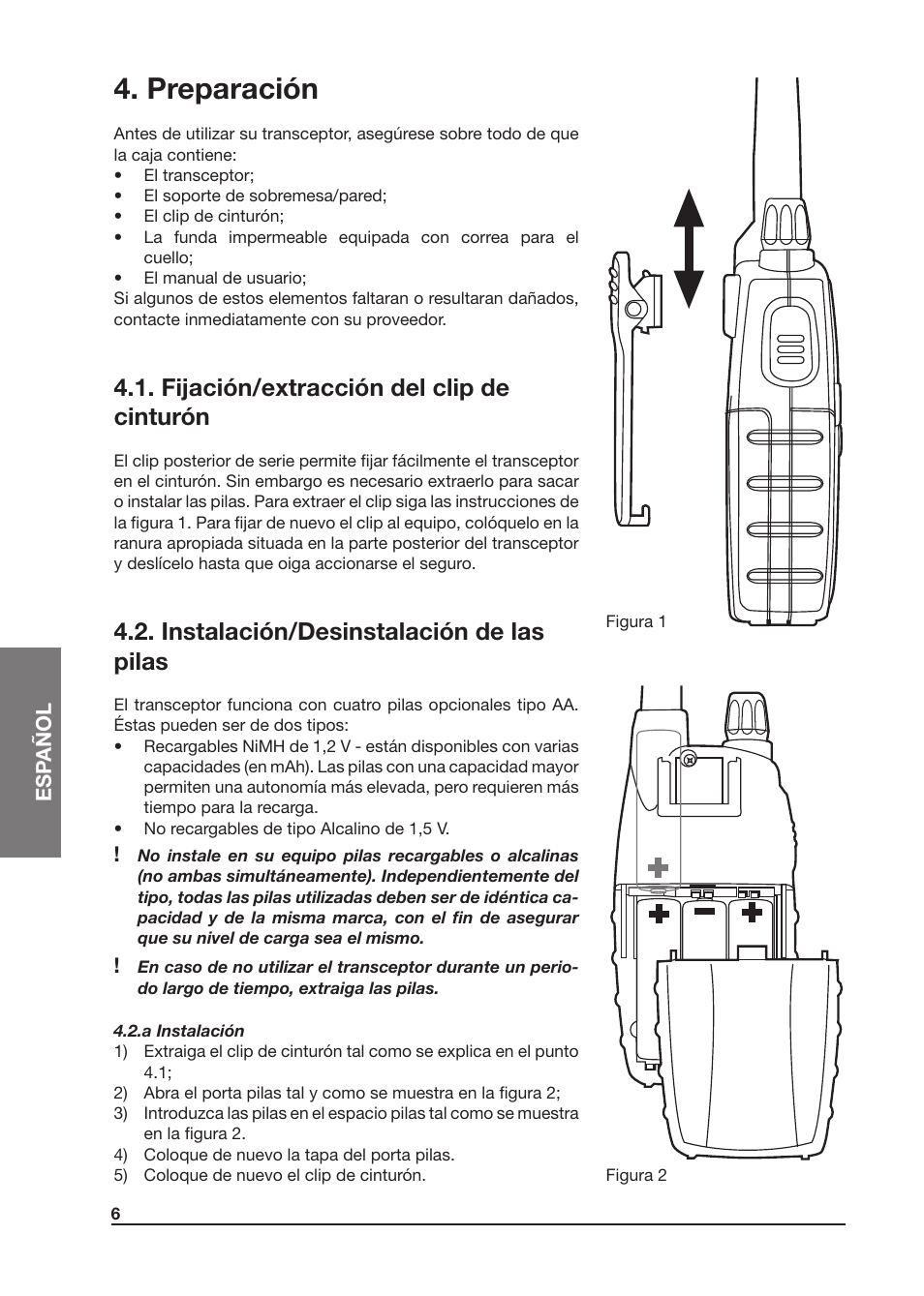 Preparación, Fijación/extracción del clip de cinturón, Instalación/desinstalación de las pilas | MIDLAND Atlantic XT User Manual | Page 52 / 110