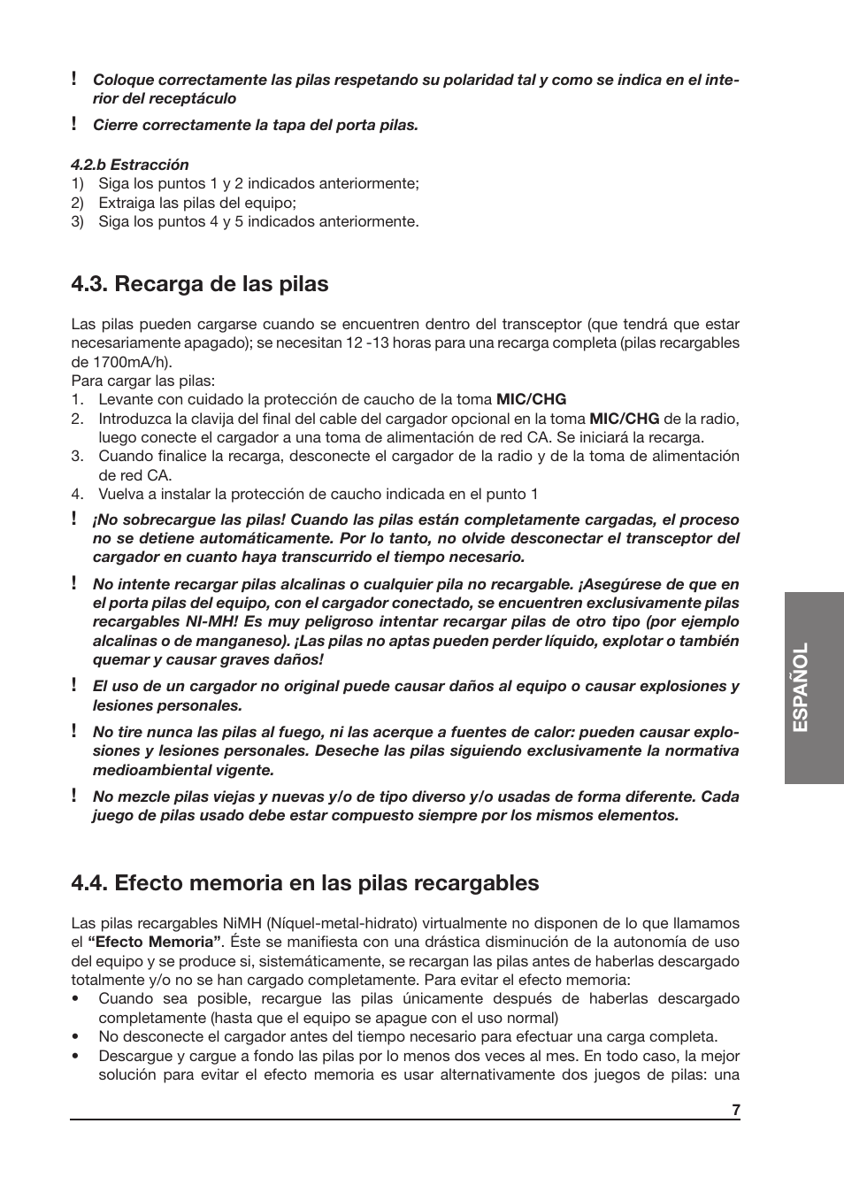 Recarga de las pilas | MIDLAND Atlantic XT User Manual | Page 53 / 110