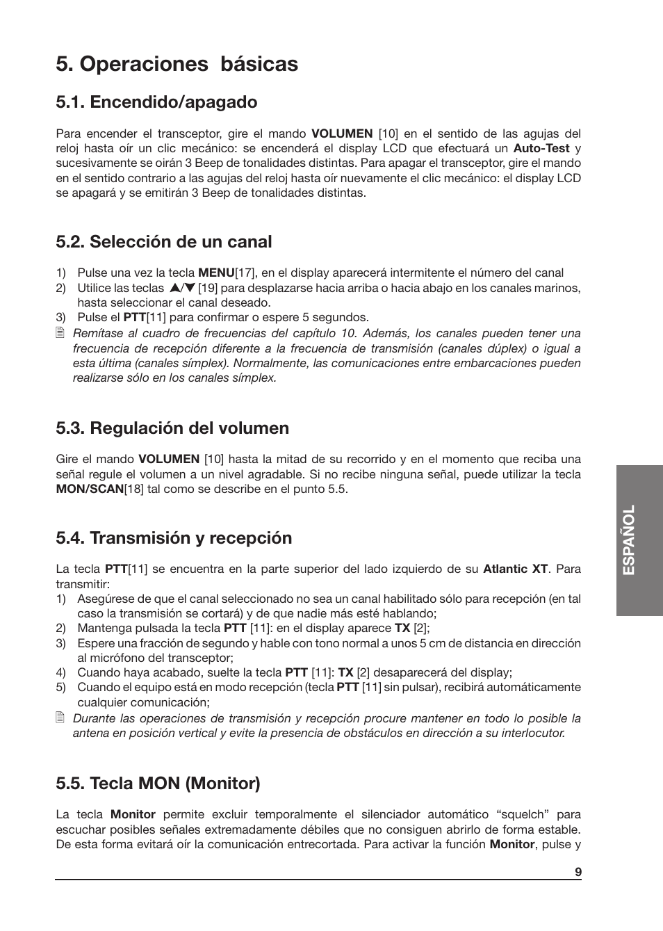 Operaciones básicas, Encendido/apagado, Selección de un canal | Regulación del volumen, Transmisión y recepción, Tecla mon (monitor) | MIDLAND Atlantic XT User Manual | Page 55 / 110