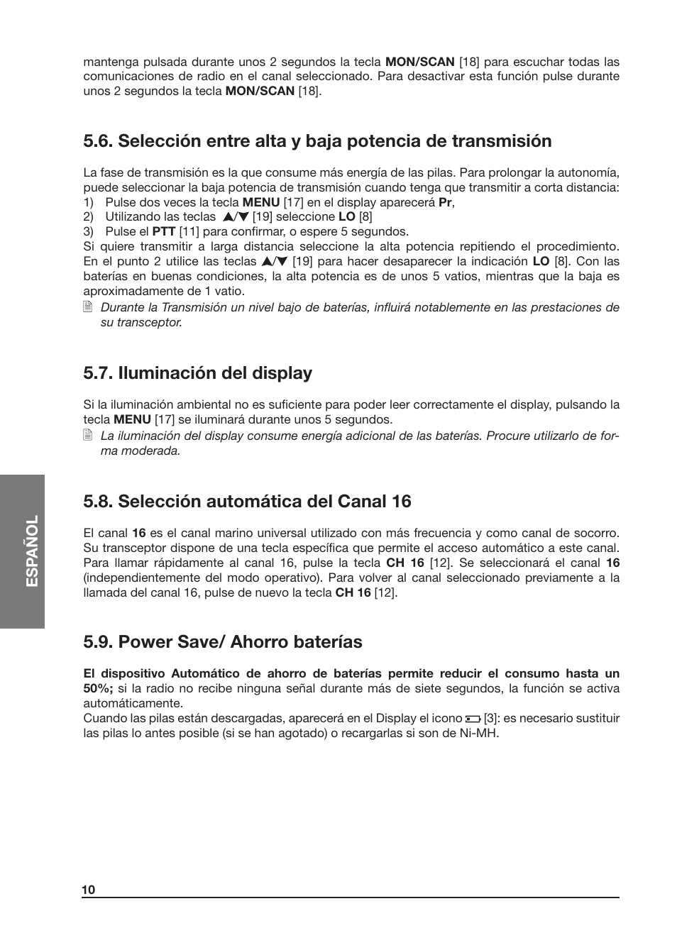 Iluminación del display, Selección automática del canal 16, Power save/ ahorro baterías | MIDLAND Atlantic XT User Manual | Page 56 / 110