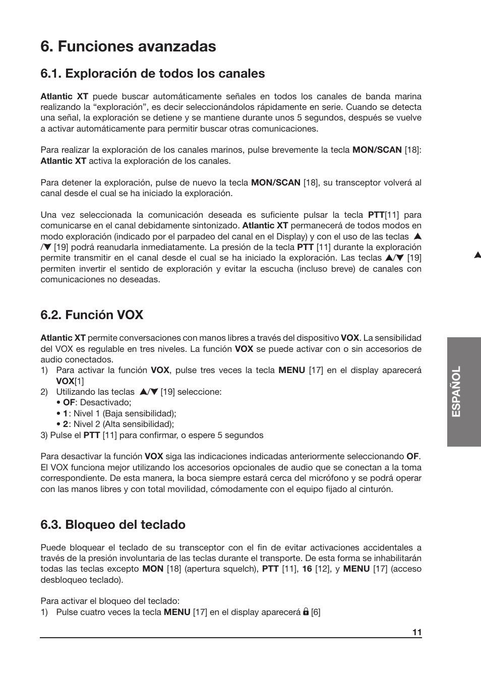 Funciones avanzadas, Exploración de todos los canales, Función vox | Bloqueo del teclado | MIDLAND Atlantic XT User Manual | Page 57 / 110