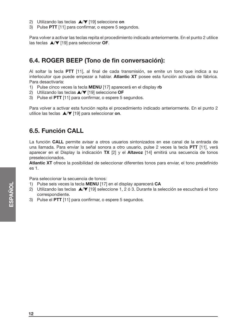 Roger beep (tono de fin conversación), Función call | MIDLAND Atlantic XT User Manual | Page 58 / 110