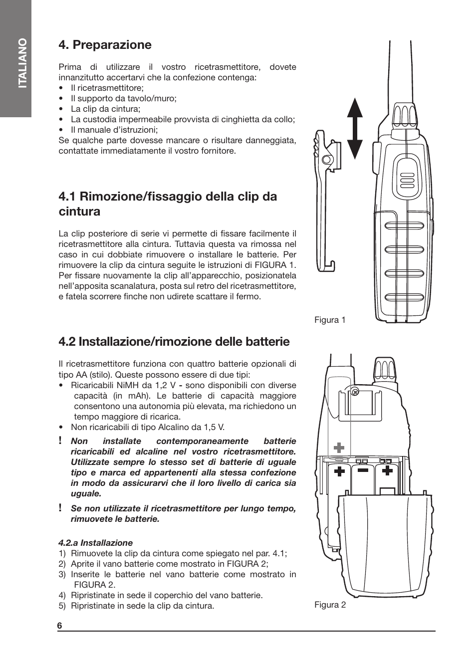 Preparazione, 1 rimozione/fissaggio della clip da cintura, 2 installazione/rimozione delle batterie | MIDLAND Atlantic XT User Manual | Page 6 / 110
