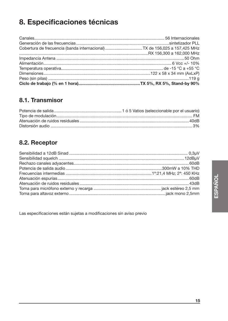Especificaciones técnicas, Transmisor, Receptor | MIDLAND Atlantic XT User Manual | Page 61 / 110