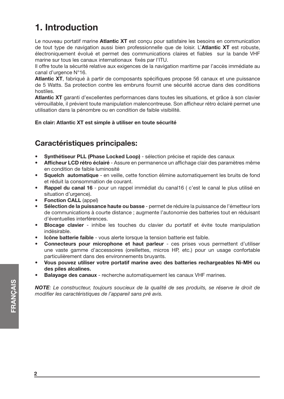 Introduction, Caractéristiques principales | MIDLAND Atlantic XT User Manual | Page 64 / 110