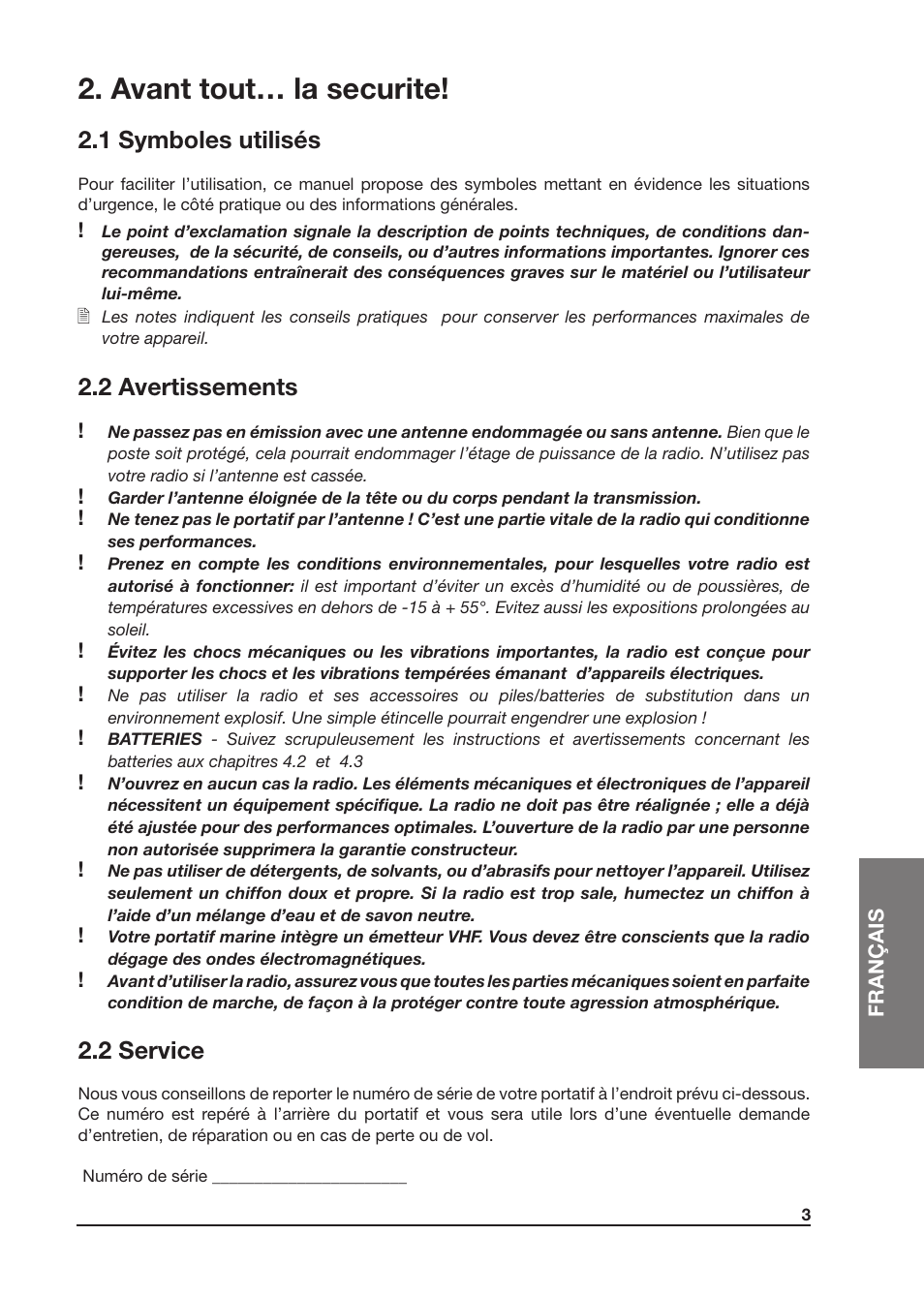 Avant tout… la securite, 1 symboles utilisés, 2 avertissements | 2 service | MIDLAND Atlantic XT User Manual | Page 65 / 110