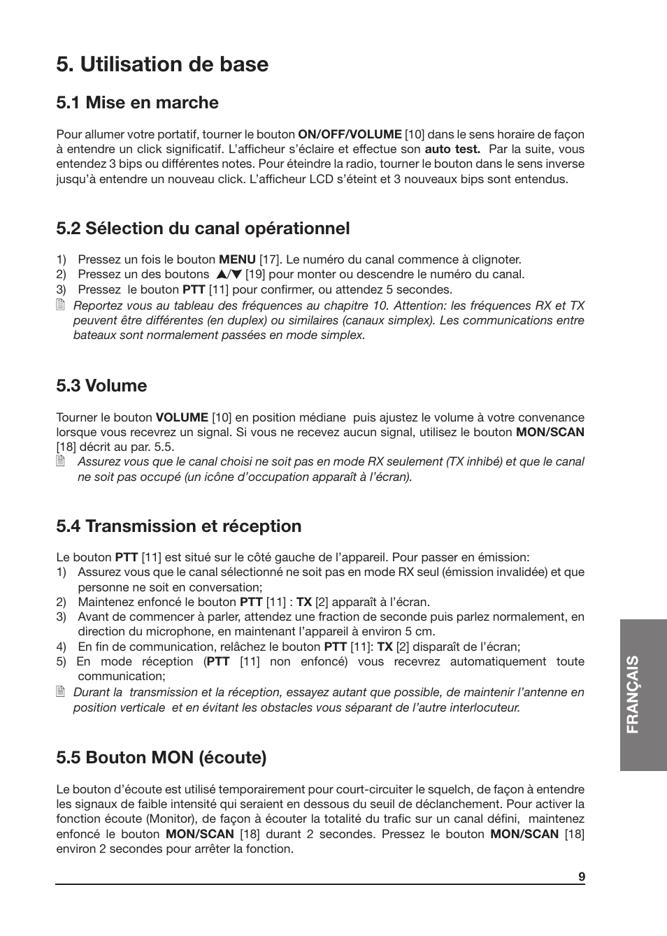 Utilisation de base, 1 mise en marche, 2 sélection du canal opérationnel | 3 volume, 4 transmission et réception, 5 bouton mon (écoute) | MIDLAND Atlantic XT User Manual | Page 71 / 110