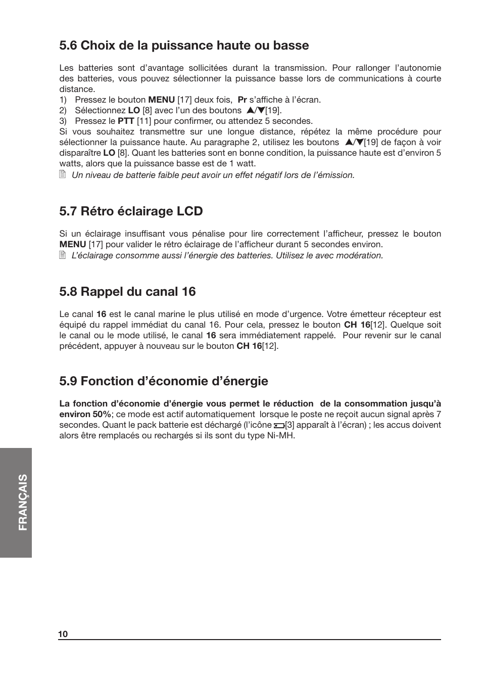 6 choix de la puissance haute ou basse, 7 rétro éclairage lcd, 8 rappel du canal 16 | 9 fonction d’économie d’énergie | MIDLAND Atlantic XT User Manual | Page 72 / 110