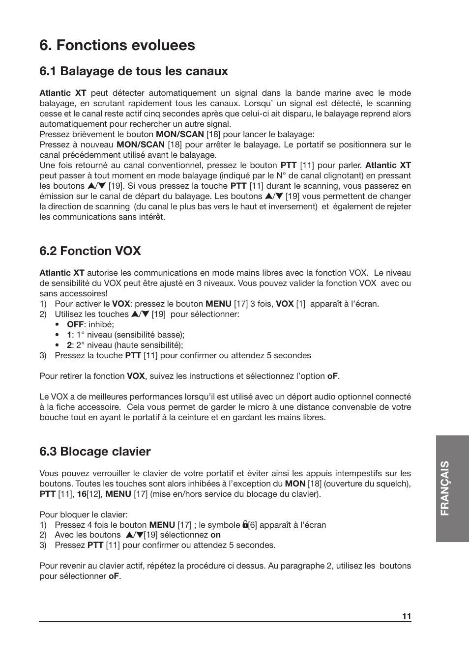 Fonctions evoluees, 1 balayage de tous les canaux, 2 fonction vox | 3 blocage clavier | MIDLAND Atlantic XT User Manual | Page 73 / 110