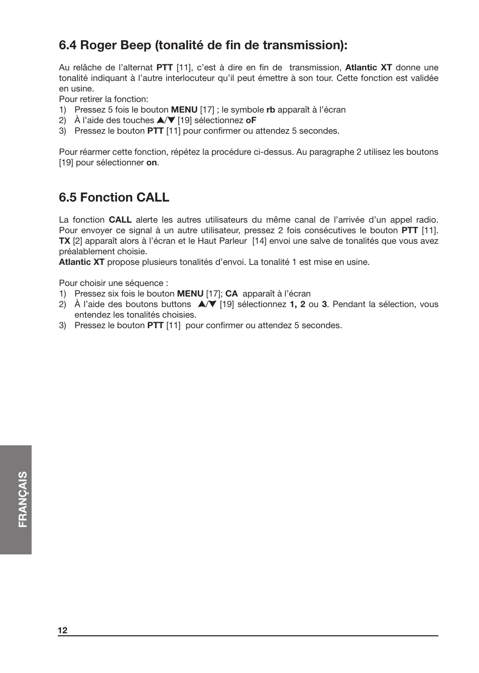 4 roger beep (tonalité de fin de transmission), 5 fonction call | MIDLAND Atlantic XT User Manual | Page 74 / 110