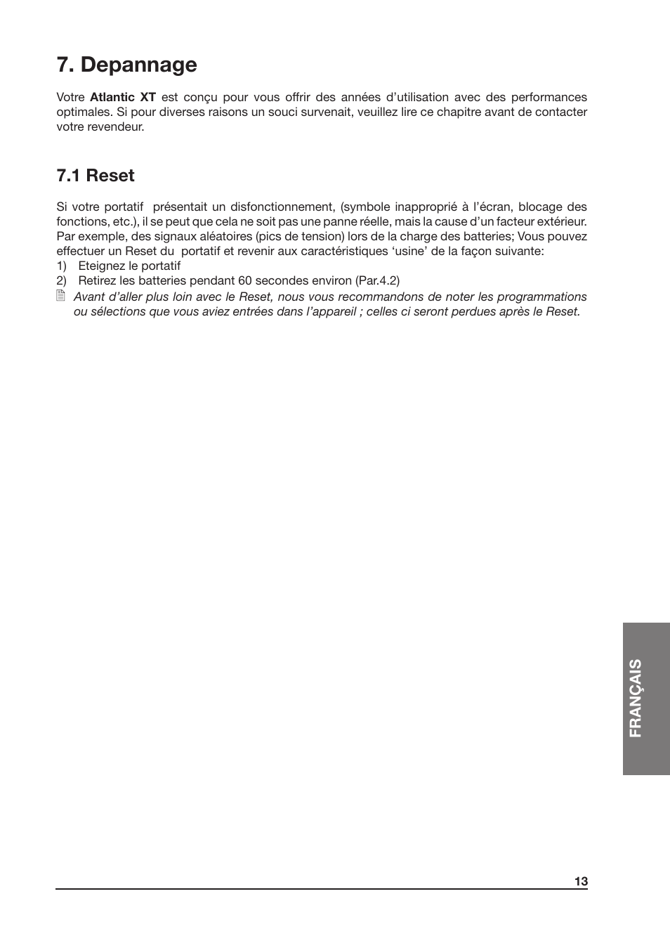 Depannage, 1 reset | MIDLAND Atlantic XT User Manual | Page 75 / 110