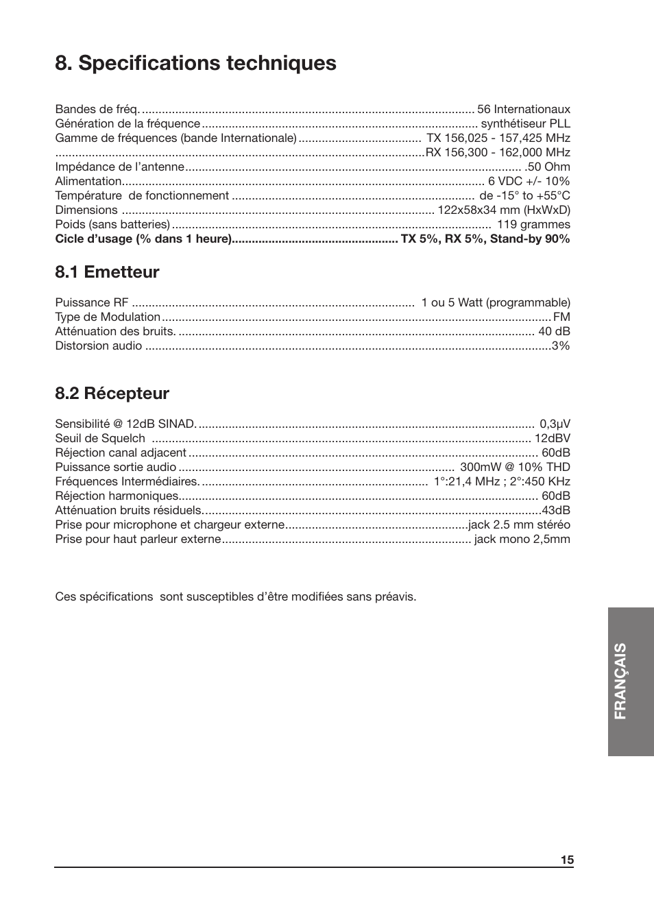 Specifications techniques, 1 emetteur, 2 récepteur | MIDLAND Atlantic XT User Manual | Page 77 / 110