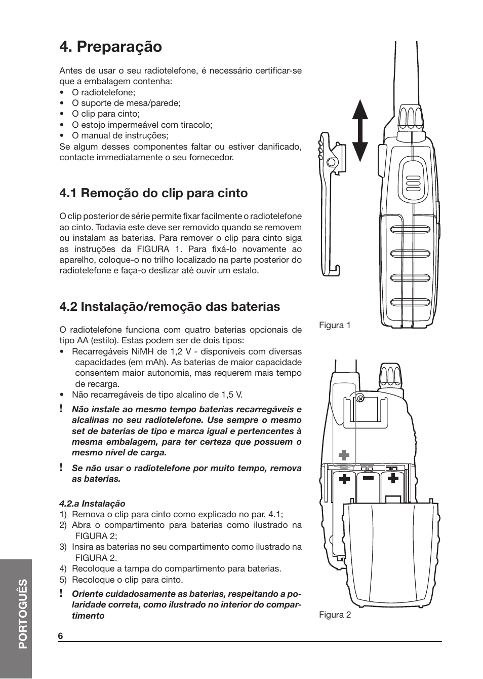 Preparação, 1 remoção do clip para cinto, 2 instalação/remoção das baterias | MIDLAND Atlantic XT User Manual | Page 84 / 110