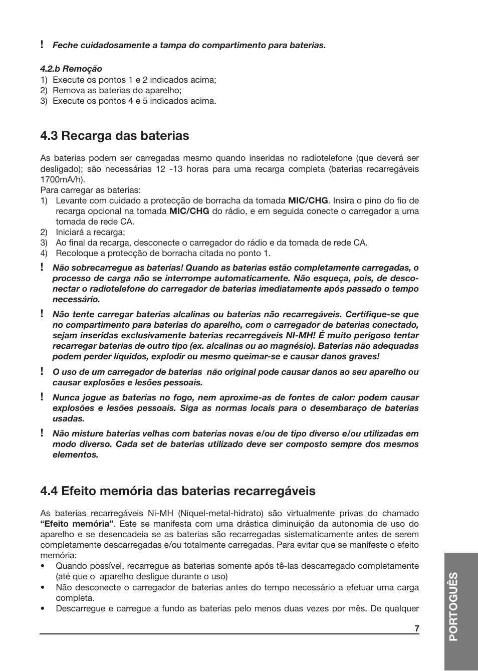 3 recarga das baterias, 4 efeito memória das baterias recarregáveis | MIDLAND Atlantic XT User Manual | Page 85 / 110