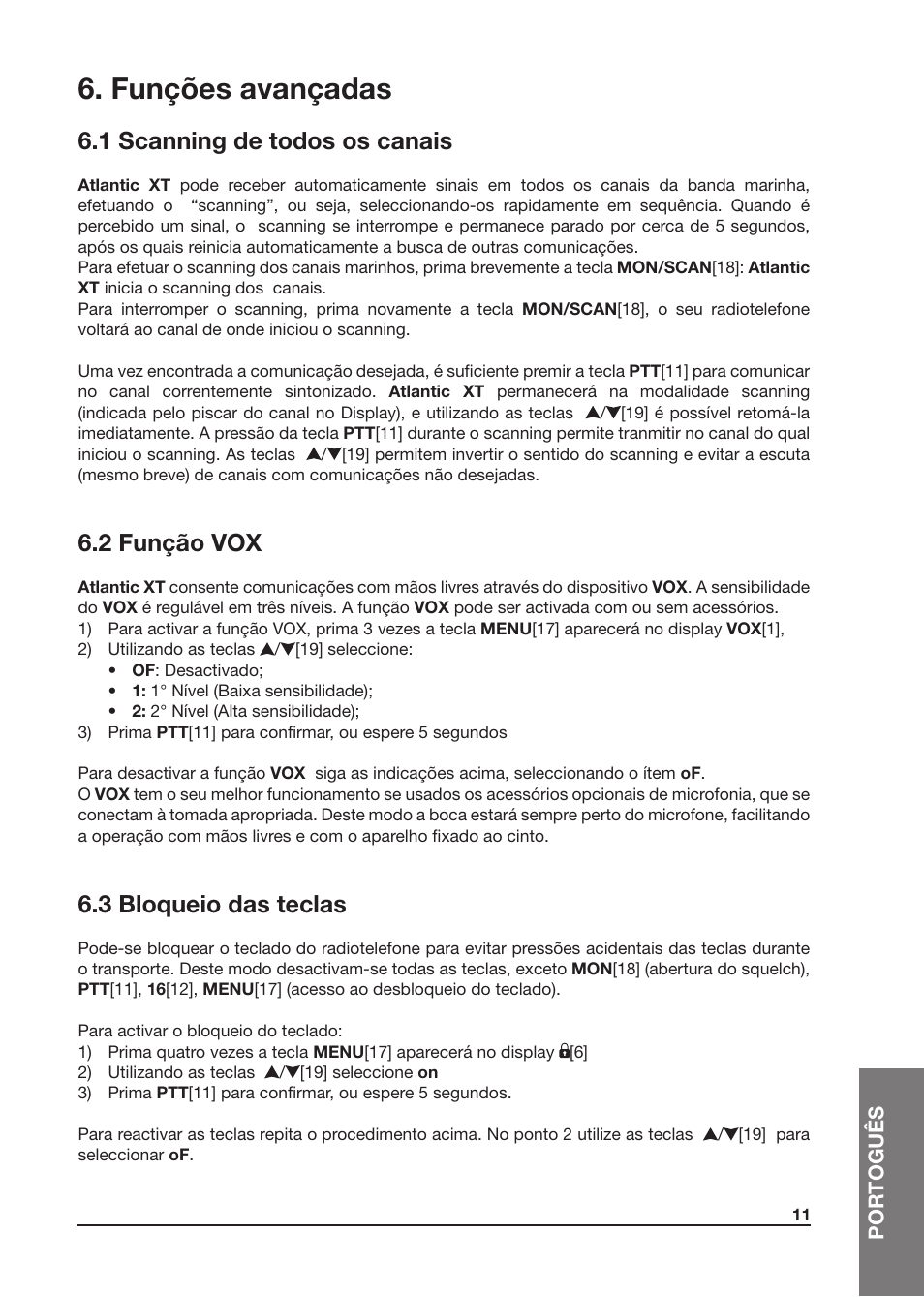 Funções avançadas, 1 scanning de todos os canais, 2 função vox | 3 bloqueio das teclas | MIDLAND Atlantic XT User Manual | Page 89 / 110
