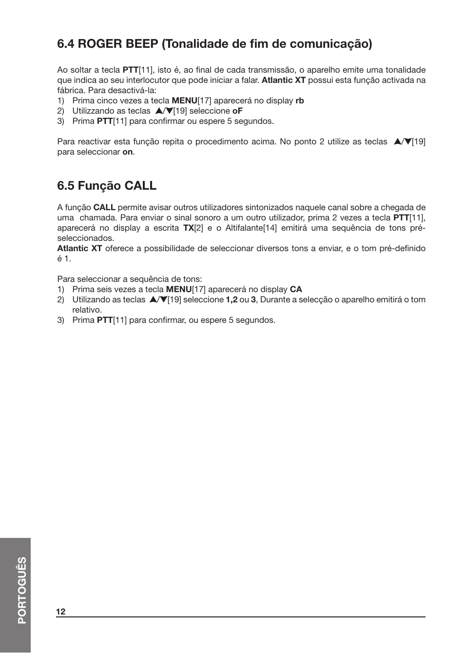 4 roger beep (tonalidade de fim de comunicação), 5 função call | MIDLAND Atlantic XT User Manual | Page 90 / 110