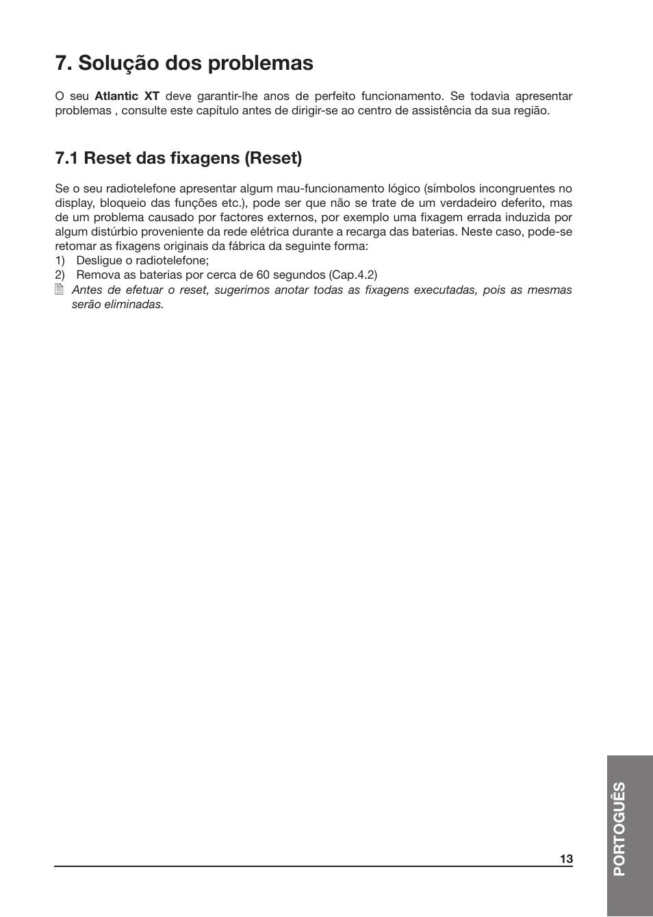 Solução dos problemas, 1 reset das fixagens (reset) | MIDLAND Atlantic XT User Manual | Page 91 / 110