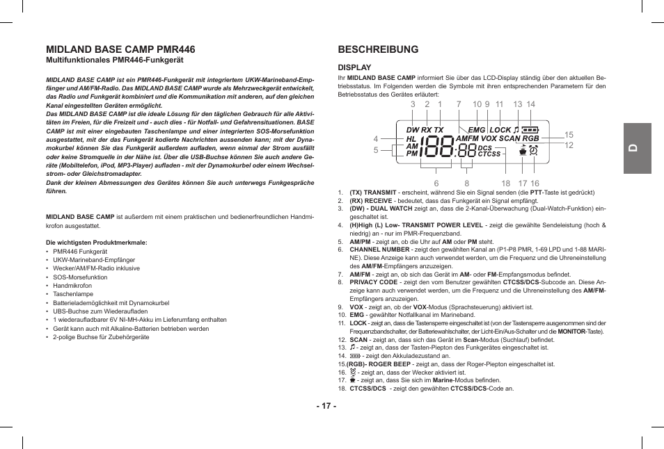 Midland base camp pmr446, Beschreibung | MIDLAND Base Camp446 User Manual | Page 17 / 71