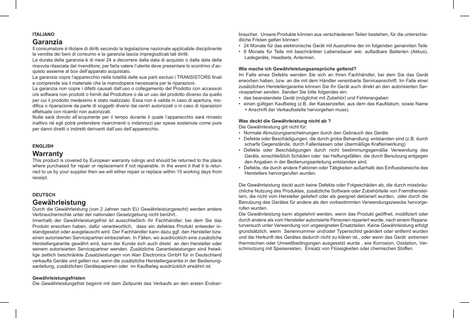 Garanzia, Warranty, Gewährleistung | MIDLAND Base Camp446 User Manual | Page 67 / 71