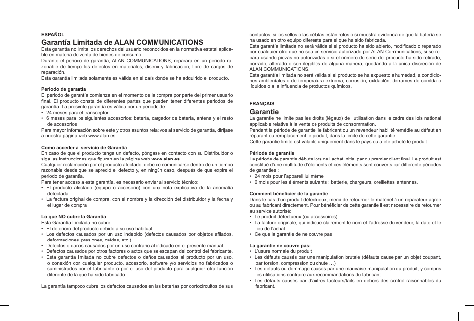 Garantía limitada de alan communications, Garantie | MIDLAND Base Camp446 User Manual | Page 68 / 71