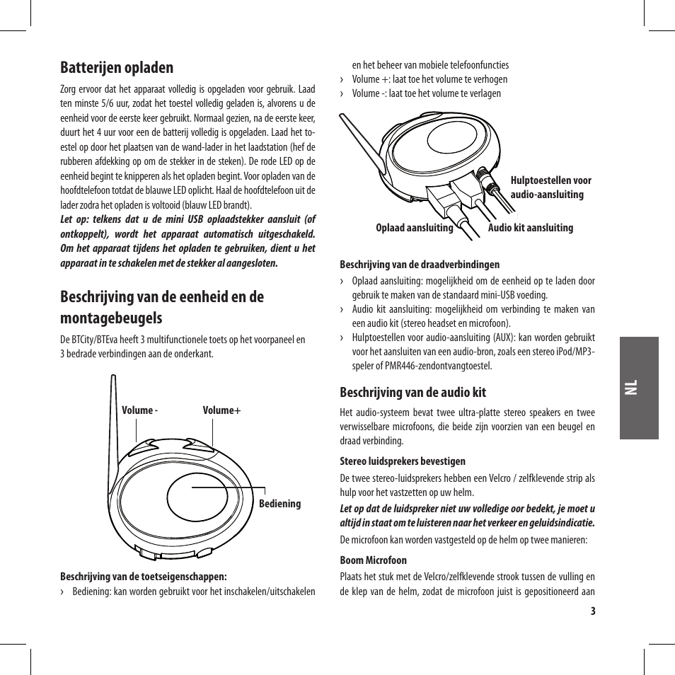 Nl batterijen opladen, Beschrijving van de eenheid en de montagebeugels | MIDLAND BT City User Manual | Page 117 / 162