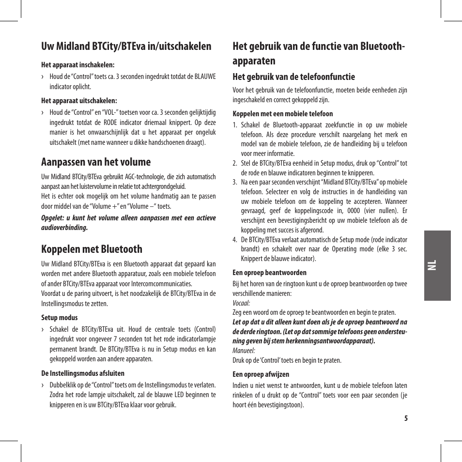 Nl uw midland btcity/bteva in/uitschakelen, Aanpassen van het volume, Koppelen met bluetooth | MIDLAND BT City User Manual | Page 119 / 162