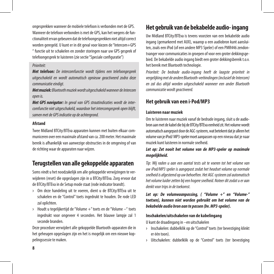 Terugstellen van alle gekoppelde apparaten, Het gebruik van de bekabelde audio- ingang | MIDLAND BT City User Manual | Page 122 / 162