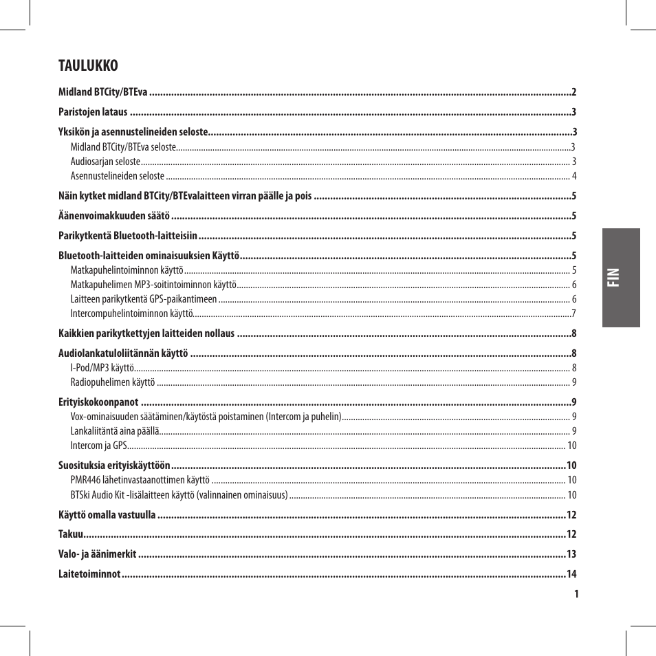 Fi n taulukko | MIDLAND BT City User Manual | Page 131 / 162