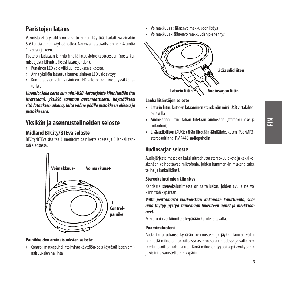 Fi n paristojen lataus, Yksikön ja asennustelineiden seloste | MIDLAND BT City User Manual | Page 133 / 162