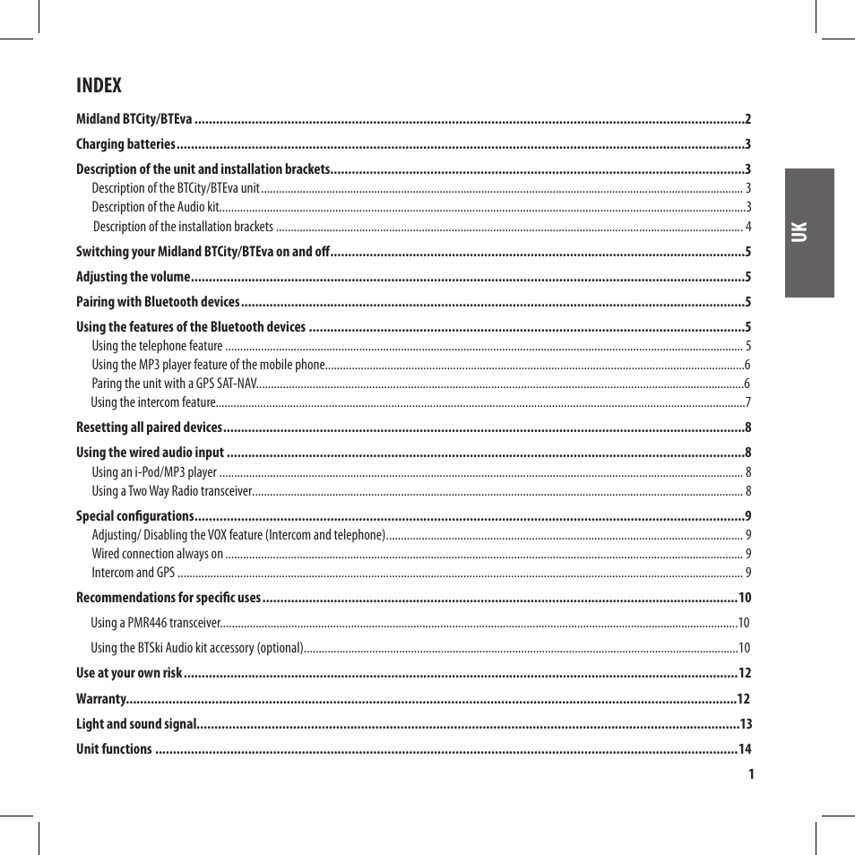 Index | MIDLAND BT City User Manual | Page 17 / 162