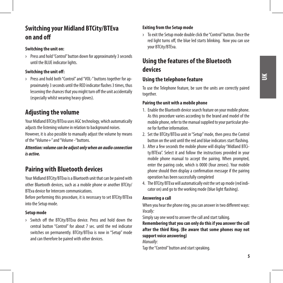 Switching your midland btcity/bteva on and off, Adjusting the volume, Pairing with bluetooth devices | Using the features of the bluetooth devices | MIDLAND BT City User Manual | Page 21 / 162