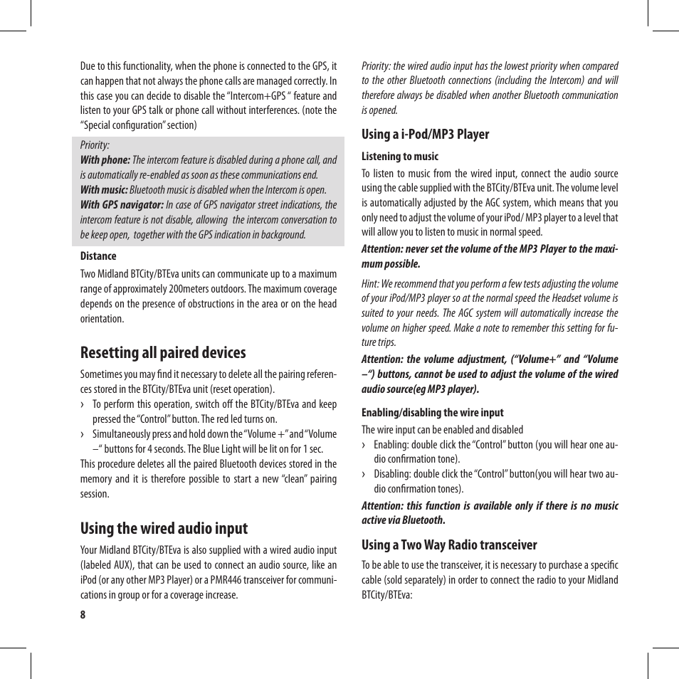 Resetting all paired devices, Using the wired audio input | MIDLAND BT City User Manual | Page 24 / 162