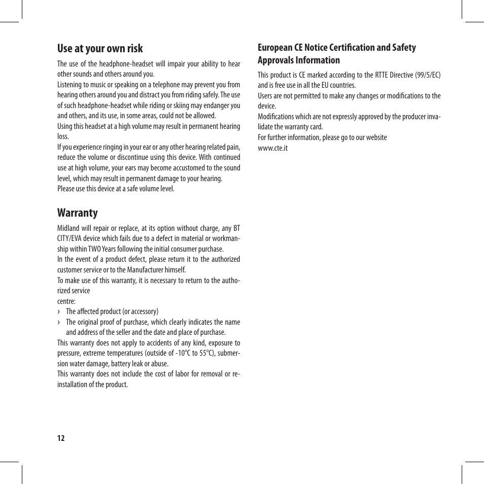 Use at your own risk, Warranty | MIDLAND BT City User Manual | Page 28 / 162