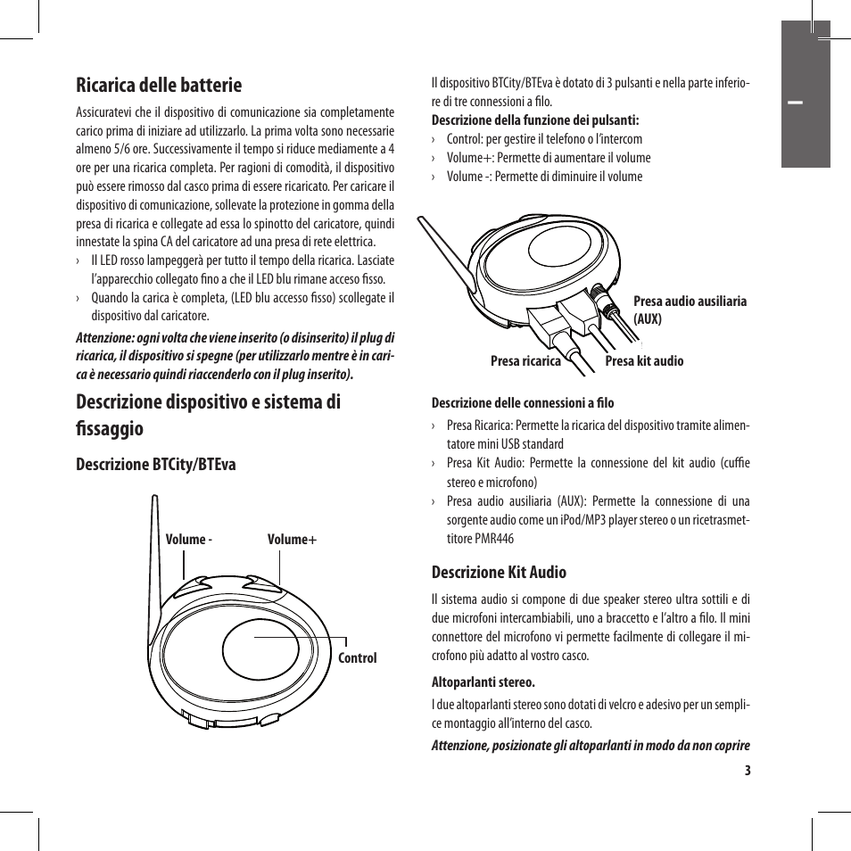 Ricarica delle batterie, Descrizione dispositivo e sistema di fissaggio | MIDLAND BT City User Manual | Page 3 / 162