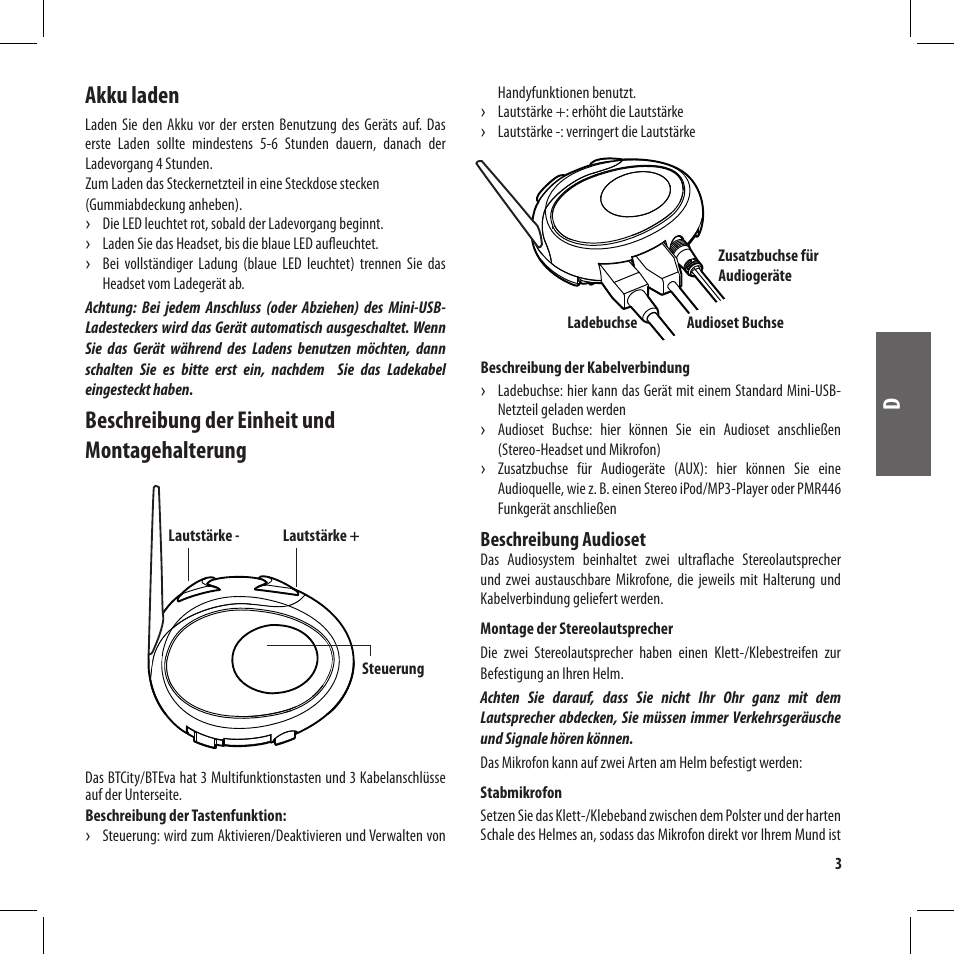 Akku laden, Beschreibung der einheit und montagehalterung | MIDLAND BT City User Manual | Page 35 / 162