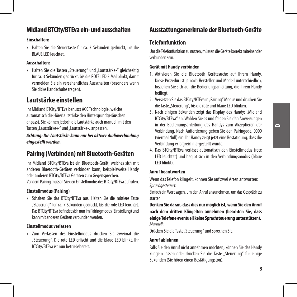 Midland btcity/bteva ein- und ausschalten, Lautstärke einstellen, Pairing (verbinden) mit bluetooth-geräten | Ausstattungsmerkmale der bluetooth-geräte | MIDLAND BT City User Manual | Page 37 / 162