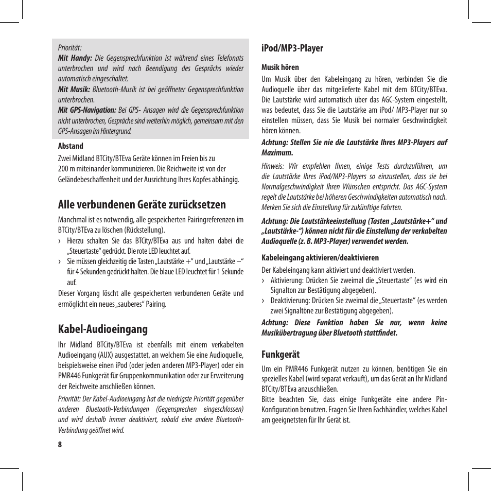 Alle verbundenen geräte zurücksetzen, Kabel-audioeingang | MIDLAND BT City User Manual | Page 40 / 162