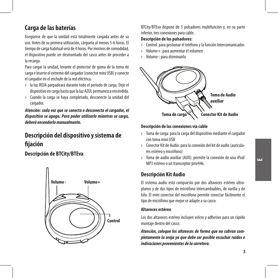 Carga de las baterías, Descripción del dispositivo y sistema de fijación | MIDLAND BT City User Manual | Page 51 / 162